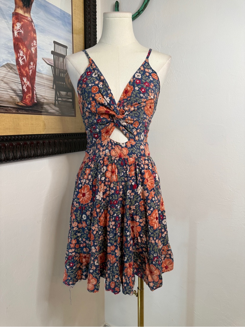 Angie Navy Floral Knot-Front Mini Dress with Orange Blooms - Picture 2 of 5